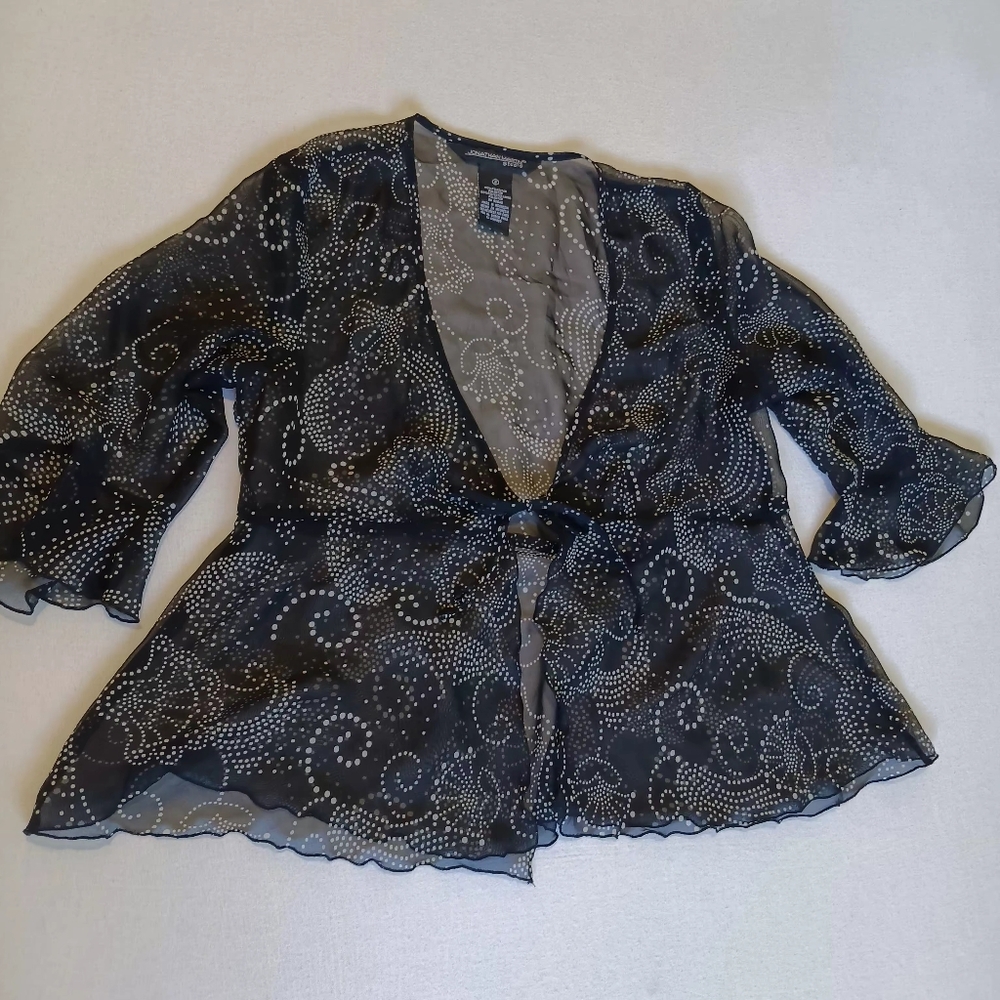 Jonathan Martin Sz 8 Black Sheer Cardigan Blouse with White Accents Lightweight